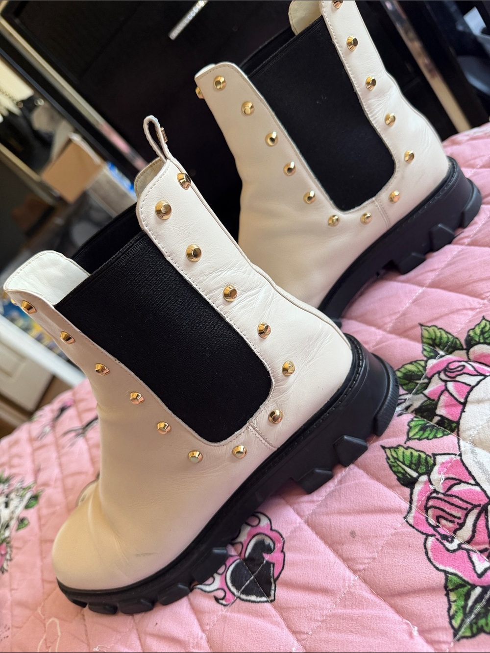 Michael Kors White Leather Studded Lace-Up Chelsea Boots